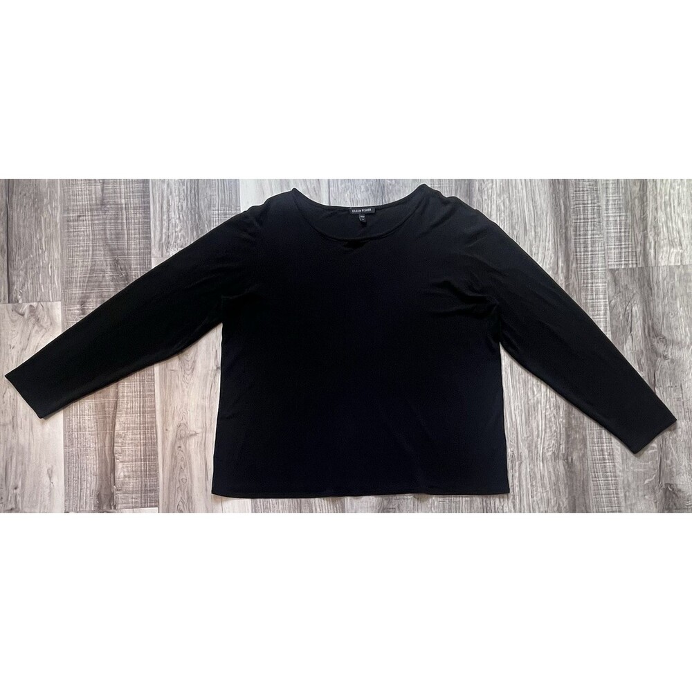 Eileen Fisher Woman XL Black 100% Silk Long Sleeve Crew Neck Top Closet Staple